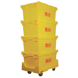 Four stacked e=Crates on roller wheels