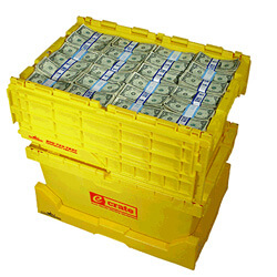 Stacks of money filling an e-Crate to its brim