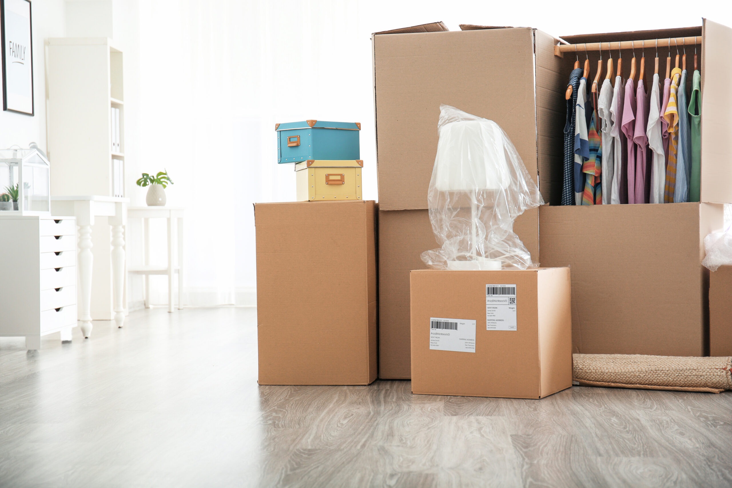 Free moving boxes with clothes indoors