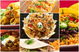 Collage of Mexican dishes including enchiladas, nachos, and fajitas