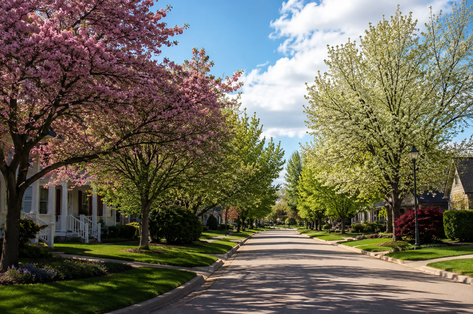 Spring tree-lined residential street in Elgin Illinois
