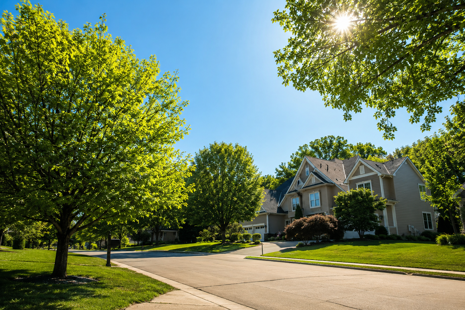Sunny residential neighborhood with single-family homes in Elgin Illinois